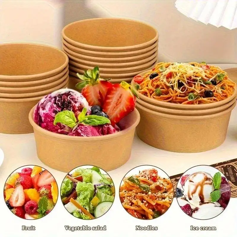 25 Pack Kraft Paper Round Food Boxes With Clear Anti Fog OPS Lids Takeout Packaging Container For Salad Cake Dessert Storage