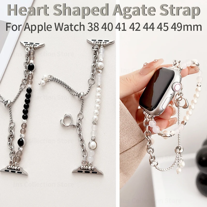 

Heart Shape Agate Strap for Apple Watch Band Correa 44mm 40mm 45mm Women Beaded Bracelet for IWatch Series 7 8 5 6 SE 38 42 49mm