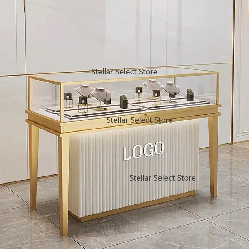 

Custom.High-End Elegant Stainless Steel Gold Jewelry Display Rack with LED Lighting for Storefront Showcase Poor You Glass Cabin