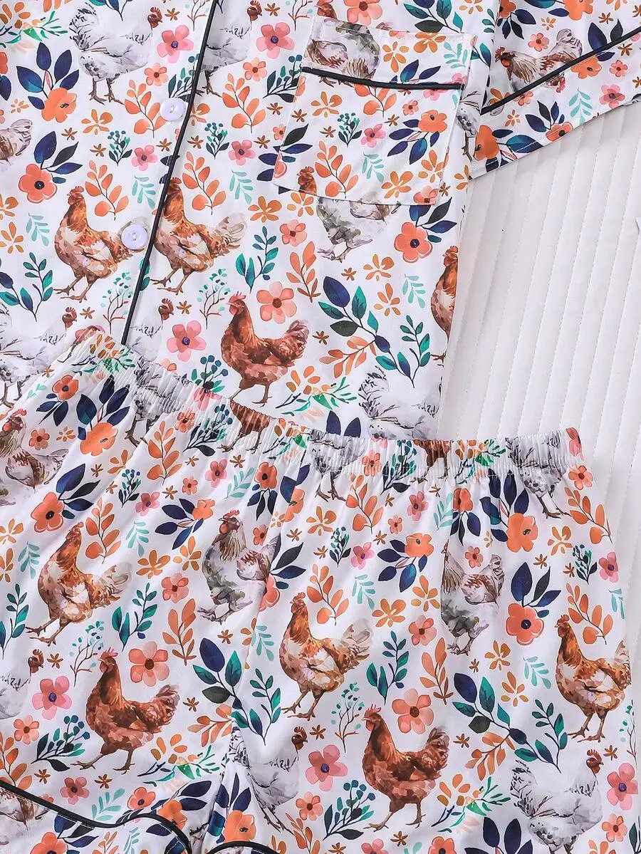 2pcs Women Floral And Chicken Print Pajama Set Front Button Short Sleeve Top And Shorts With Collar Pockets