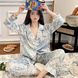 2025 Autumn New Ice Silk Women Pajama Lapel Button Cardigan Outfits for Women 2 Piece Set Fashion Printing Set Clothes for Women