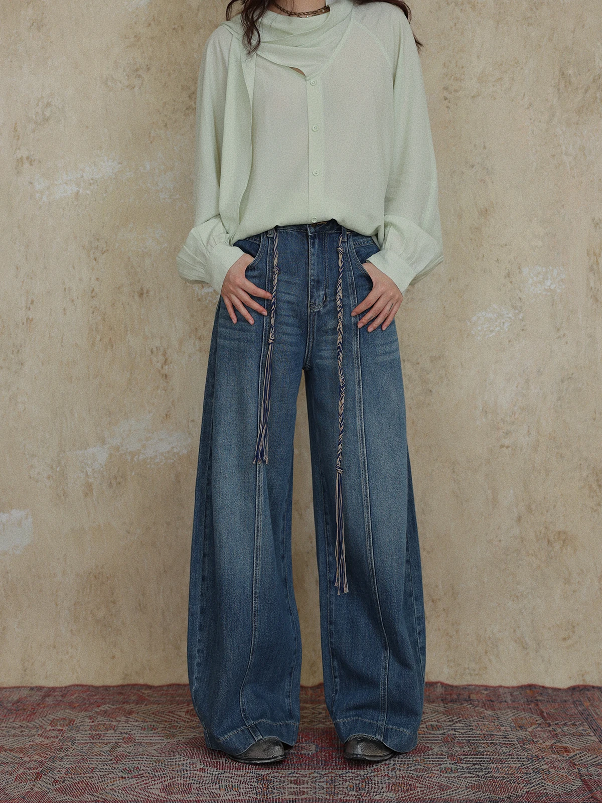 

Comfortable Wide Leg Rigid Waed Selv Cotton Women's Jeans Spring Loose Fit High Waist Slimming Effect Comfortable Denim