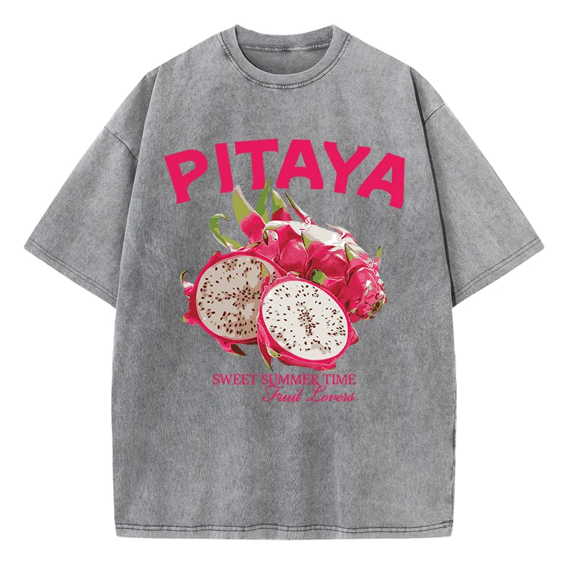 Vintage Woman Washed T-Shirts Fresh Pitaya Printing Tees Crewneck Distressed Cotton Oversize Short Sleeve Fashion Female Clothes
