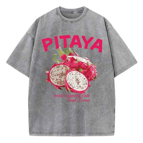 Imagen 2 del producto Camisetas lavadas Vintage para mujer, camisetas con estampado de Pitaya fresco, cuello redondo, algodón desgastado, ropa femenina de moda de manga corta de gran tamaño