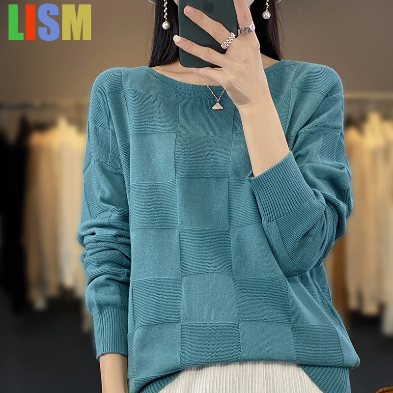 

Autumn Winter New Women 100% Cotton Soft Sweater Round Collar Square Pattern Pullover Loose Fashion Knitwear Casual Base Top