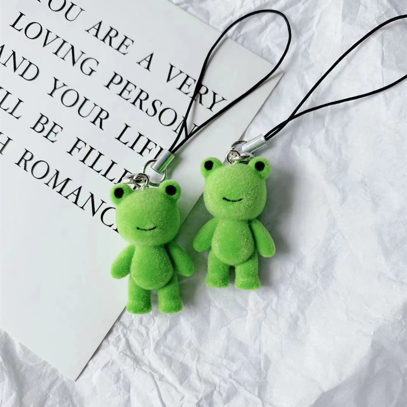 Frog Pendant Kawaii 3D Fluffy Flocking Animal Frog Charms Miniature Dolls Keychain Necklace Pendant DIY Jewelry Make