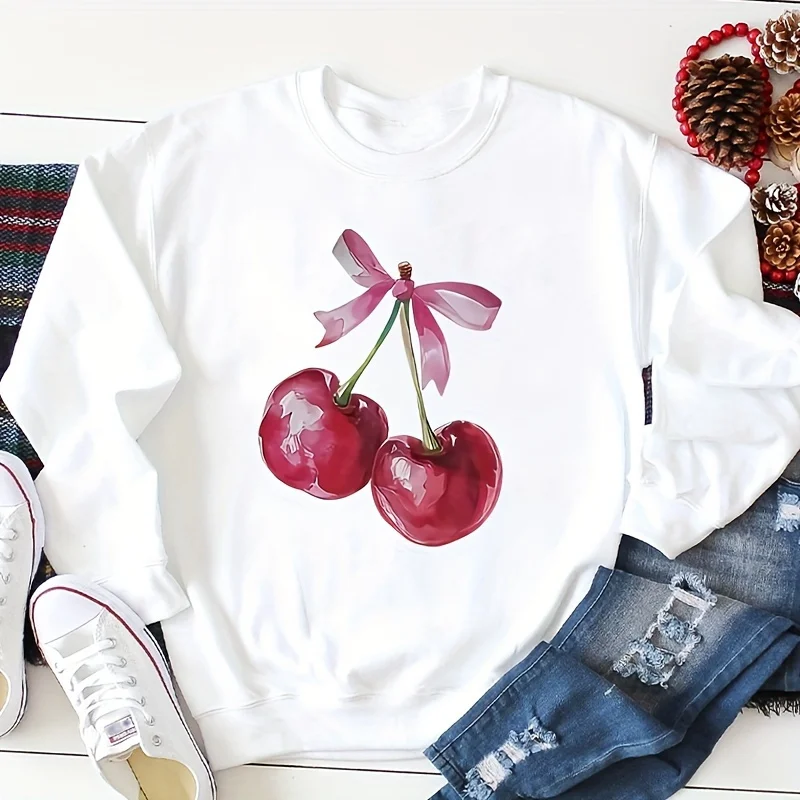 Men's and Women's Casual T-shirts with Delicate Cherry Print, Summer Short Sleeved Round Neck, Outdoor and Daily Outfits