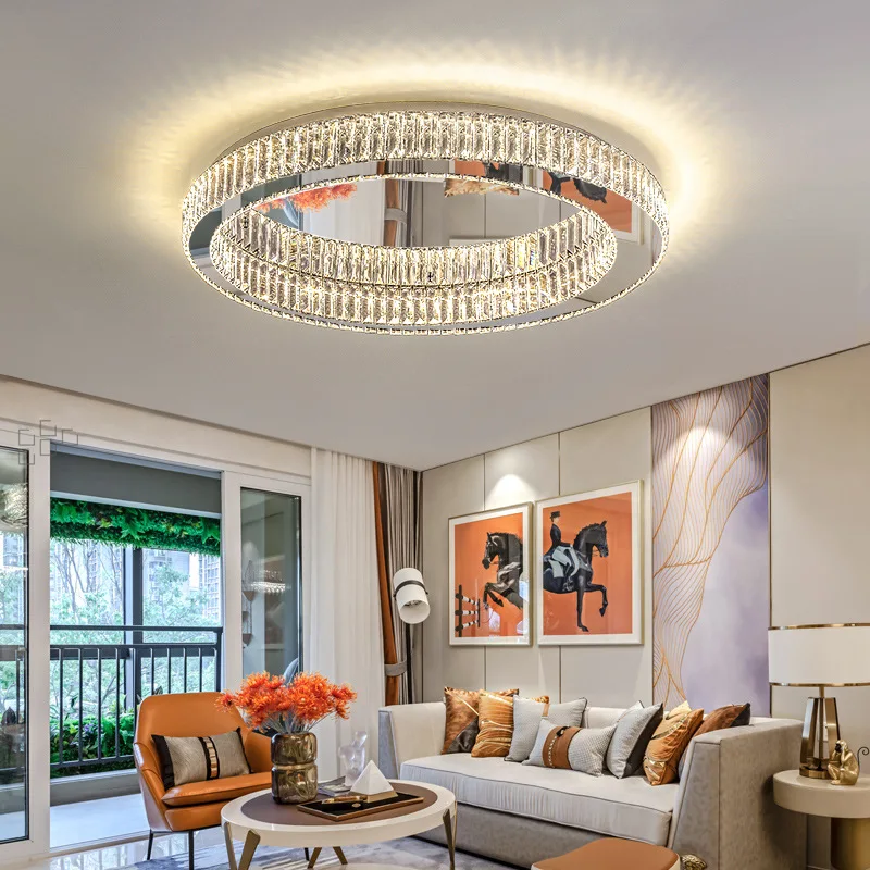 Modern Luxury Crystal LED Ceiling Light Living Room Kitchen Island Lamp Stainless Steel Round Chrome Ceiling Lighting Fixtures