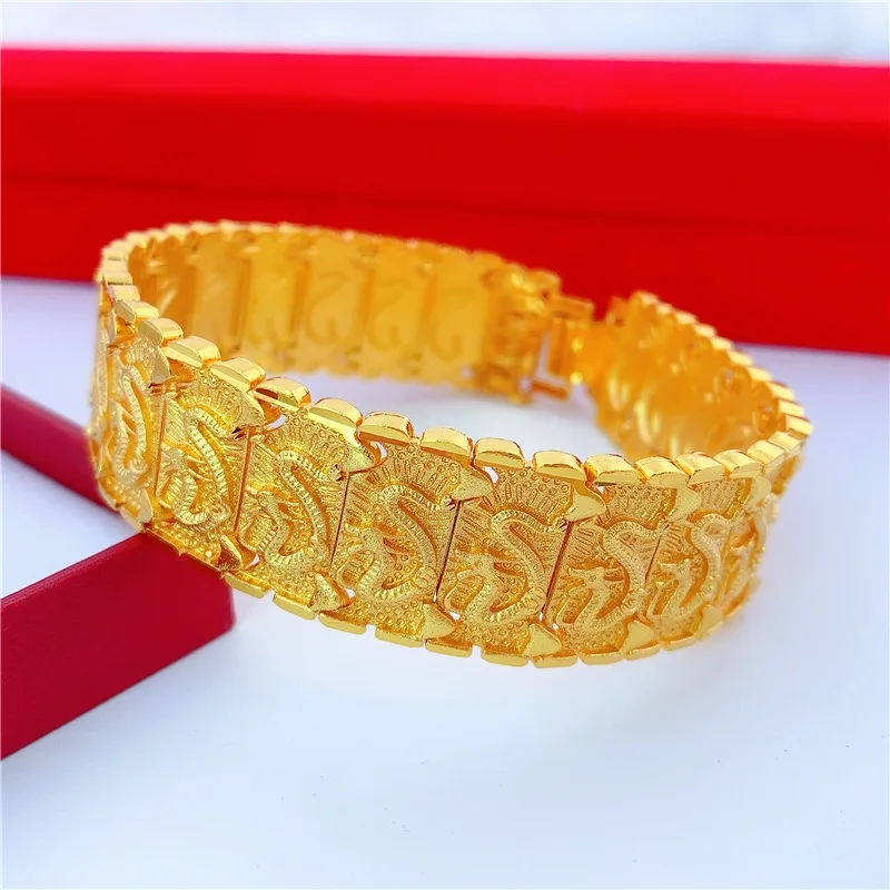 

Couple's 24K Gold (AU999) Bold Dragon Bracelet | Micro-diamond dragon chain, matte thunder pattern with interlocking totem