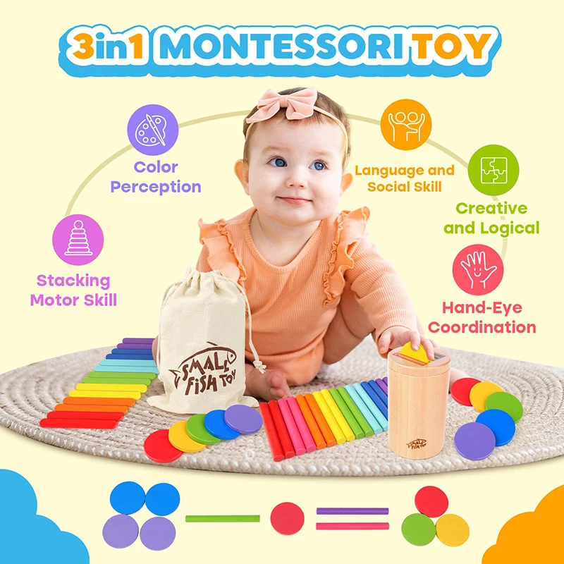 Montessori Toys For 2 3 4 Years Old, 3 In 1 Educational Sensory Color Sorting Toys For Toddlers 1-3