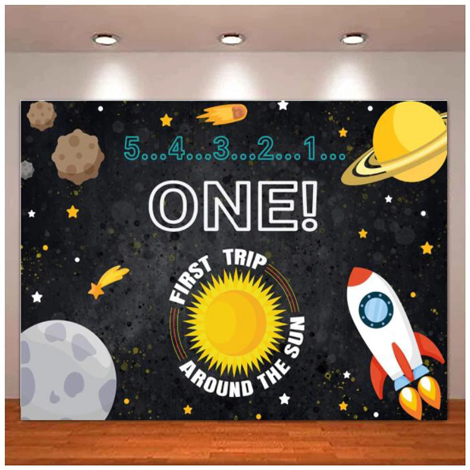 

Space Photography Backdrop 1st First Birthday Party Cartoon Outer Space Sun Planet Starry Sky Rocket Ship Background Decor