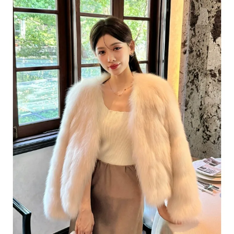 New Winter Eco-Friendly Fox Fur Coat  Women Stylish Short Fur Coat V-Neck Fashion Elegant Solid Color Women Clothing
