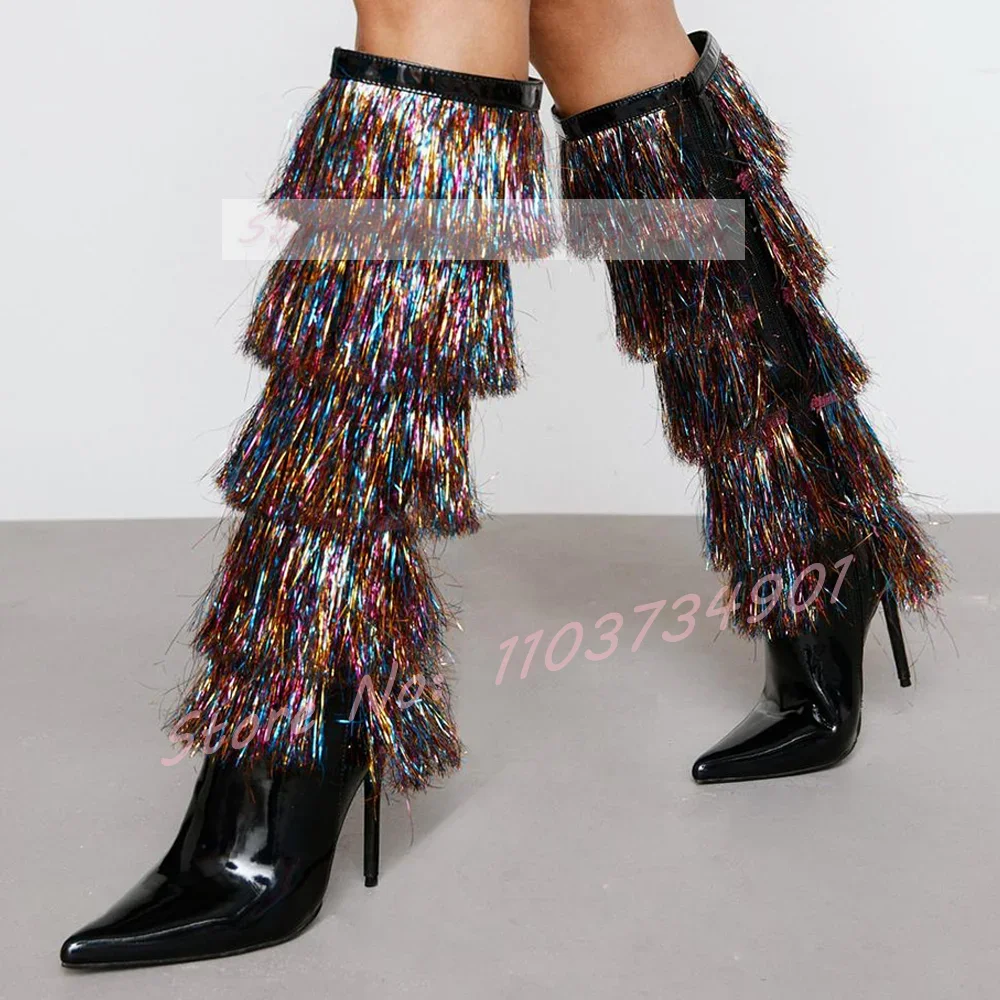 Rainbow Fringe Sparkling Knee High Boots Women Pointed Toe Zipper Stiletto Boots Halloween Festive Colorful Tassel High Heels
