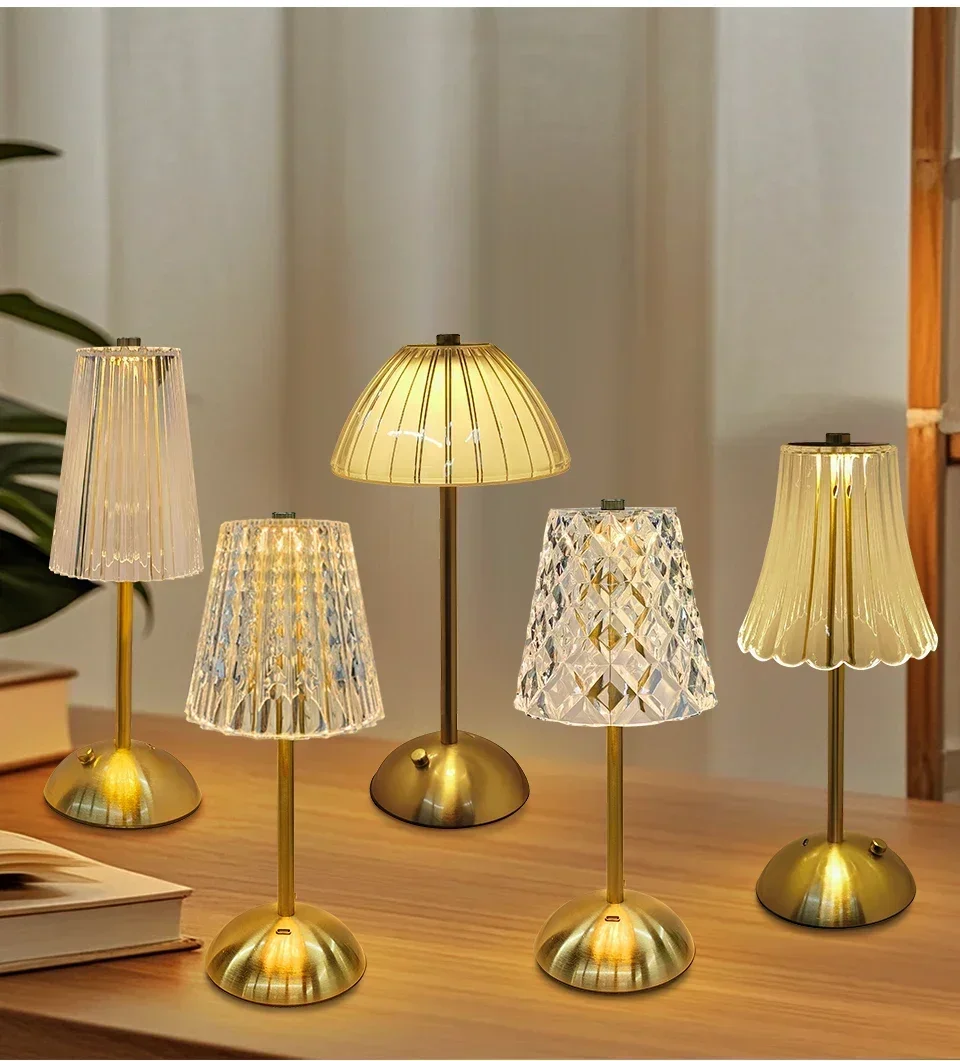Rechargeable Touch Table Lamp 3 Colors Dimmable Artificial Crystal Lamp Portable Night Light for Bedroom Living Room Restaurant