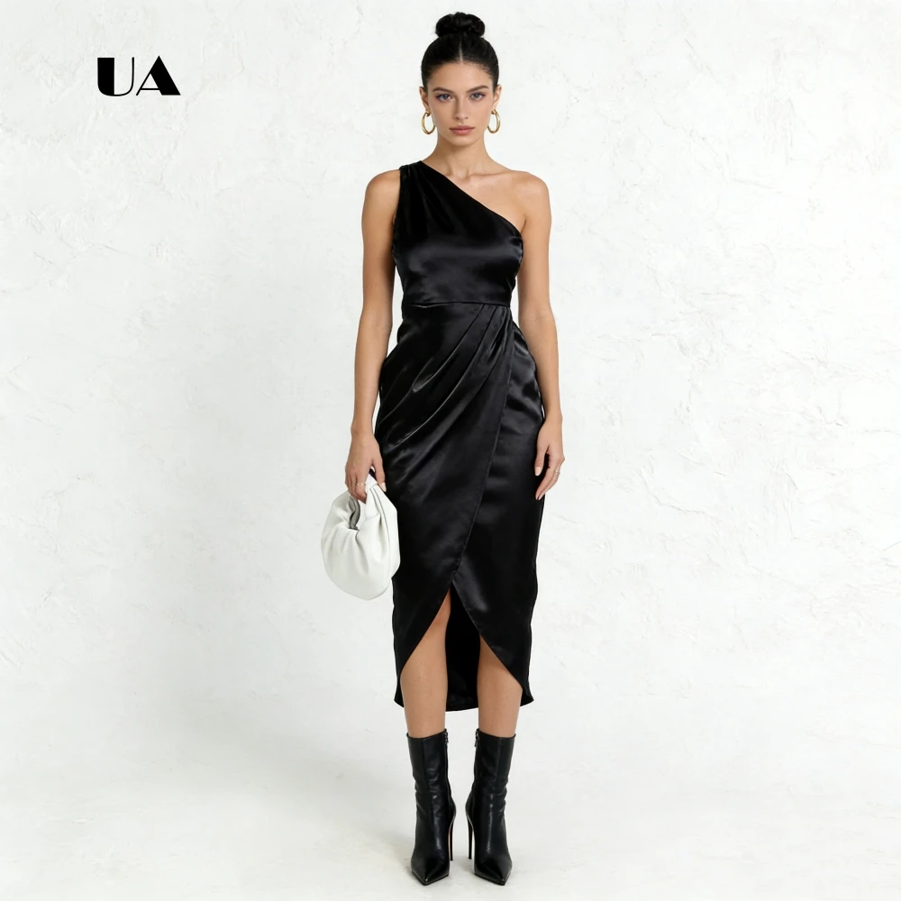 ULBYANRY satijnen asymmetrische galajurk, effen mouwloze gedrapeerde avondjurk voor dames, eenvoudige schede op maat gemaakte feestjurk