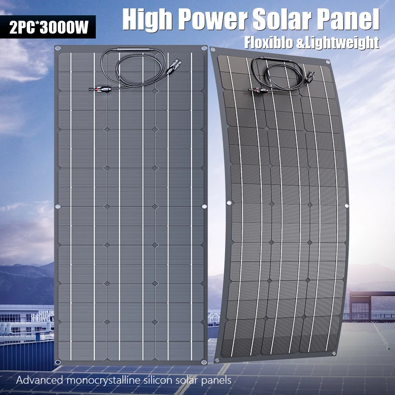 Large 3000W Flexible Solar Panel, Waterproof Bendable Solar Power Generator Panel for Road Trip, Camping and Home Backup Power