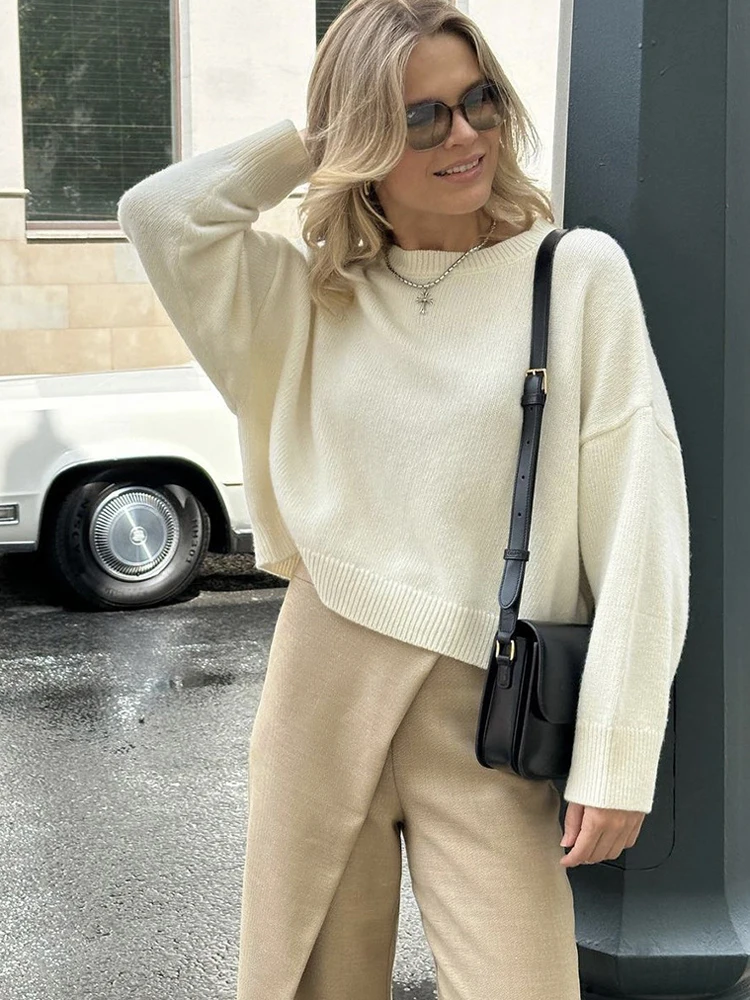 FSMG Fashion Solid knitted O-Neck Sweater For Women Loose Full Sleeves High Waist Pullovers Female Casual Thick Warm Soft Tops