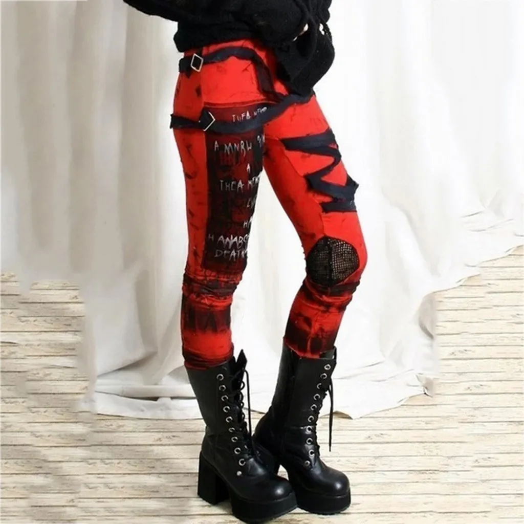 Women'S Cool Ultra Gathered Pants Gothic Rocker Distressed Punk Tie Leggings Korean Style High Waist Pantalones Holgados Mujer