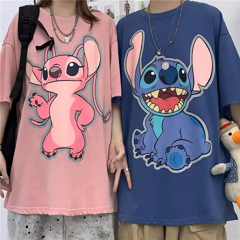 Cartoon Stitch Angel Couple Short Sleeve T-shirts Women Disney Men Loose Streetwear Fashion Clothes Cute Printed Tees Summer Top