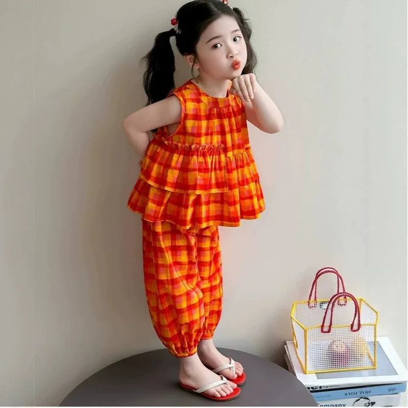 Girl Toddler Cotton Sleeveless Top Pullover Pant 26 Spring Summer Orange Plaid 2piece Set Fashion 3-12 Year Bright-Colore Outfit