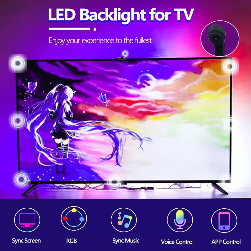 شريط إضاءة LED USB RGB مع كاميرا ، إضاءة محيطية ، إضاءة محيطية ، تطبيق مزامنة الموسيقى للألعاب ، غرفة النوم ، شاشة التلفزيون