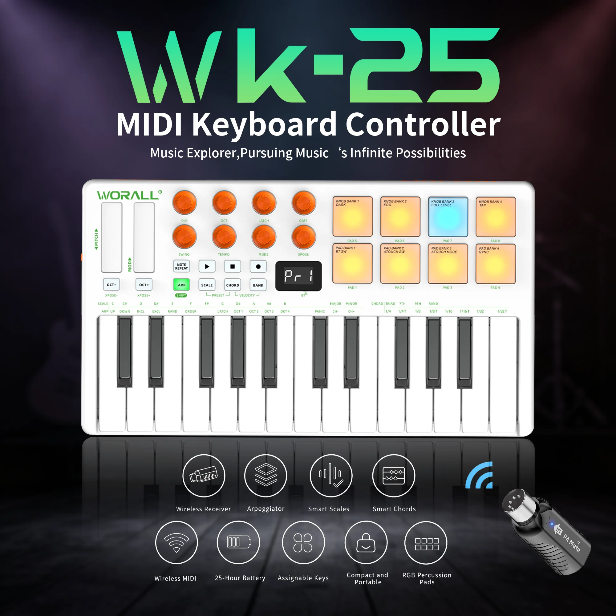 WORALL WK-25 Wireless MIDI Controller Built-in Arpeggiator, Smart Chord, Custom Knobs, Touchpad, for PC/Phone/Tablet