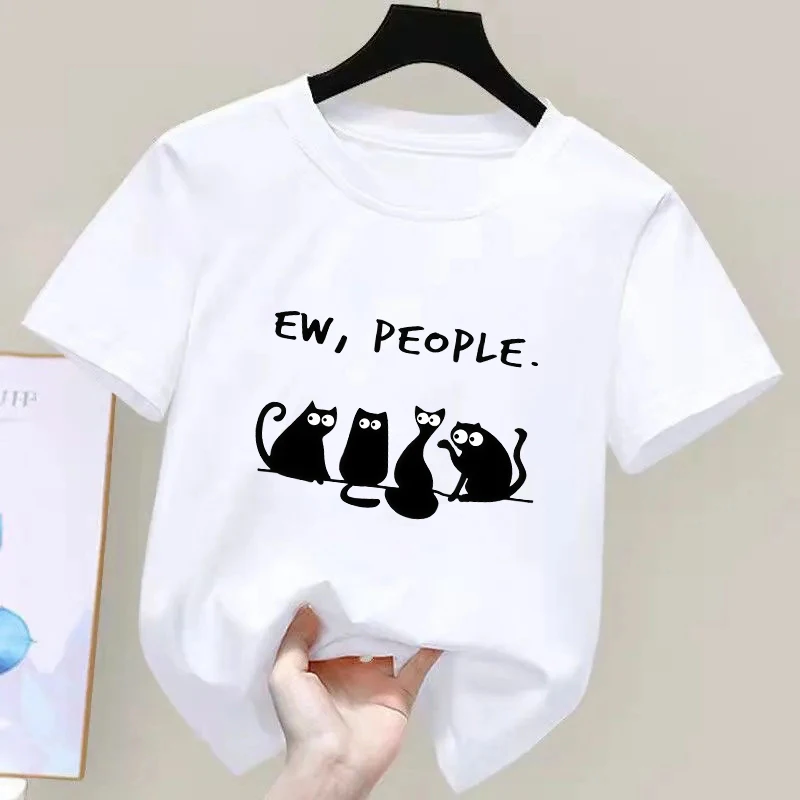 EW PEOPLE Letter Print Kids T-Shirt Summer Children's Pure Cotton Short-sleeved Casual Tops Boys/girls Gifts Black Cat Pattern