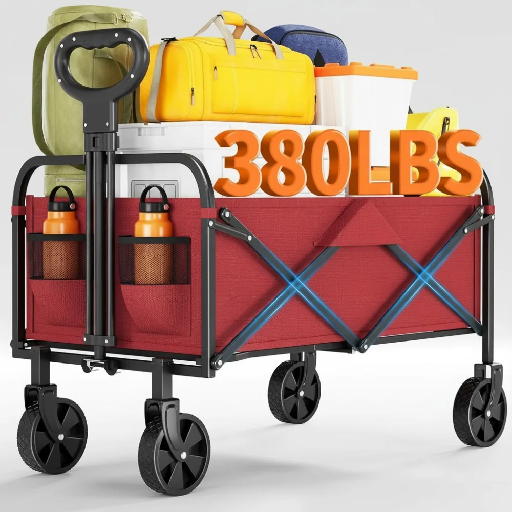 

Foldable Utility Wagon Cart with All-Terrain Wheels, 380LBS Capacity, Drink Holders - Portable for Shopping Camping Garden