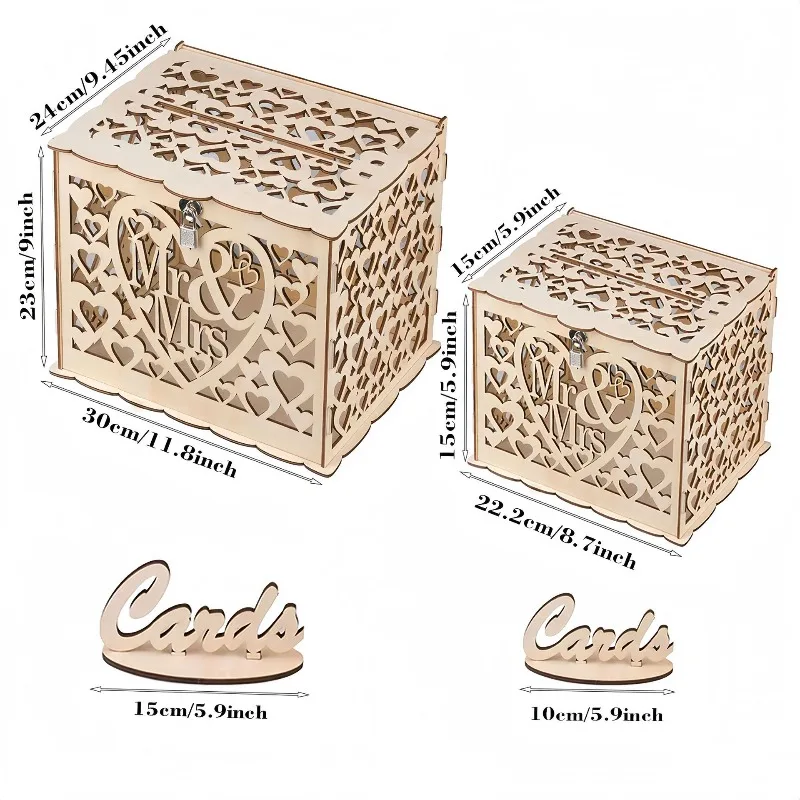 DIY خشبية السيد والسيدة. صندوق هدايا الزفاف - حامل بطاقات متعدد الوظائف مع فتحة نقود لتخزين الحروف وكتاب الضيوف لحفلات الزفاف
