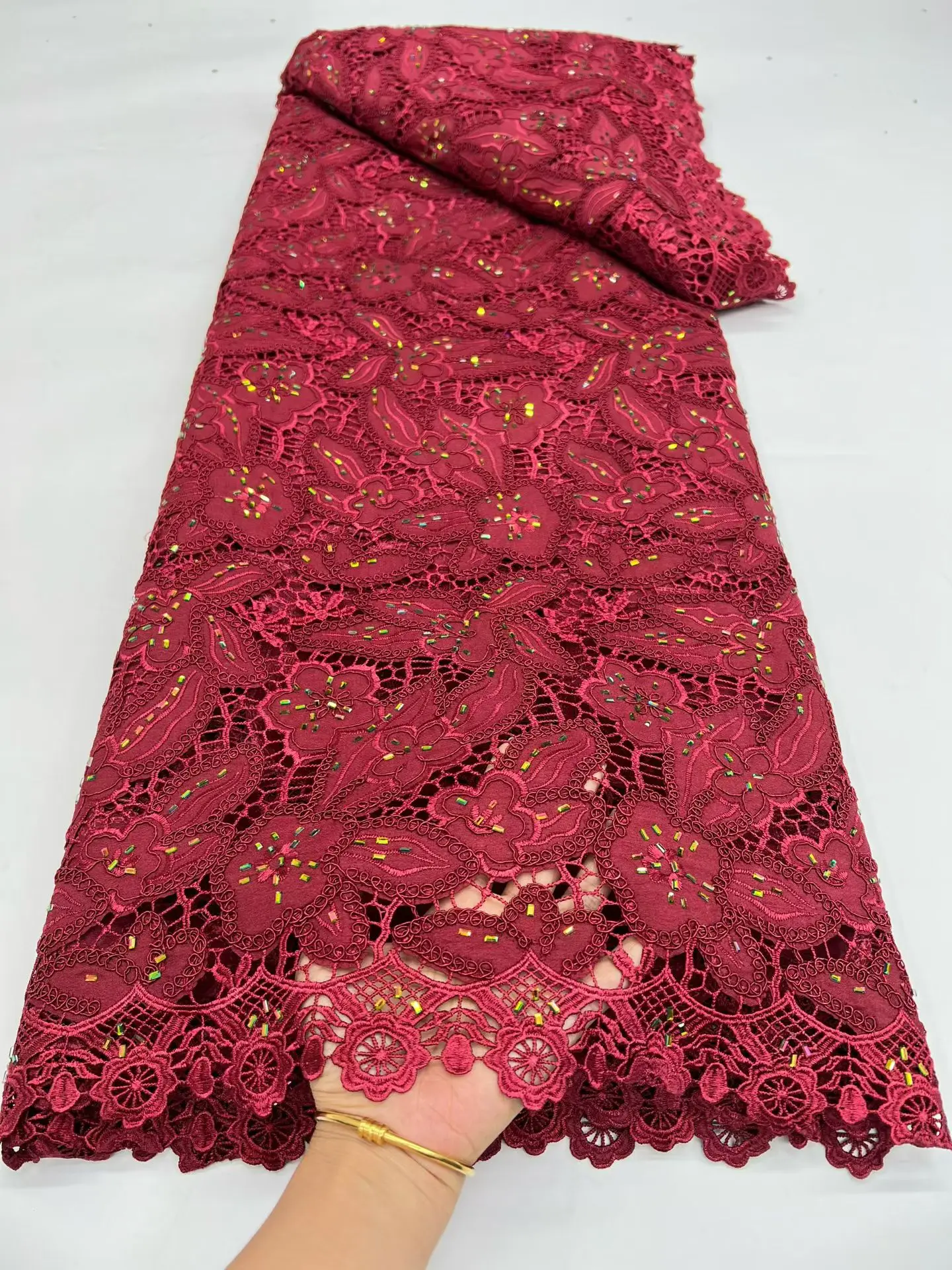 

Нигерийская ажурная водорастворимая ткань с камнями, высококачественная, 5 ярдов, африканское кружево гипюр, ткань для свадебных платьев M270-1