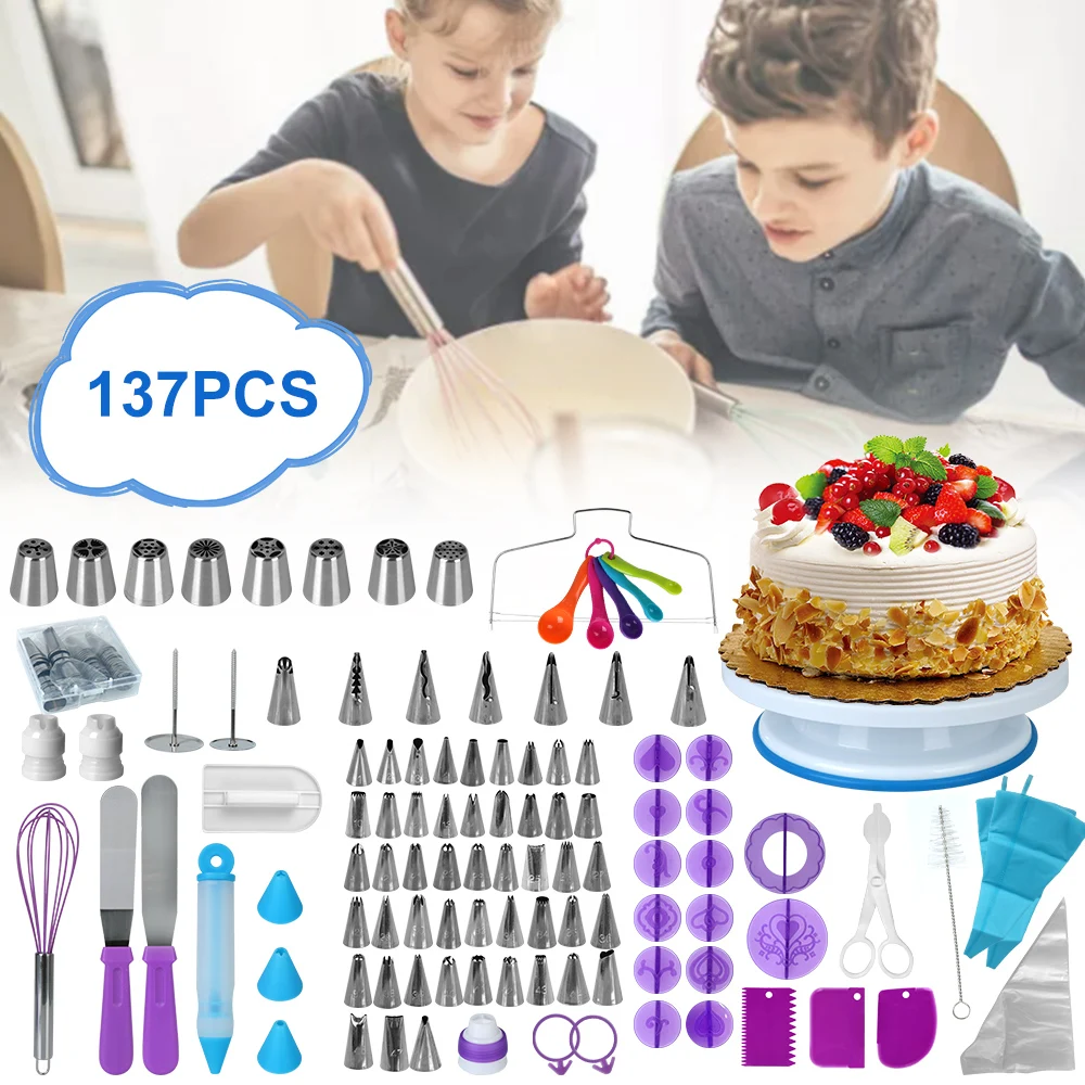

Baking Tools Accessories Piping Bag Set Piping Nozzle Rotating Stand 137Pcs Cake Decorating Tools Kit Pastry Turntable Kit