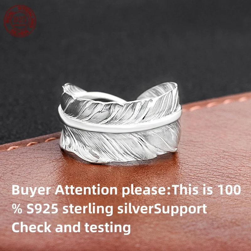 100% pure silver S925 simple silver feather ring for men and women trendy personality punk open ring factory direct sales