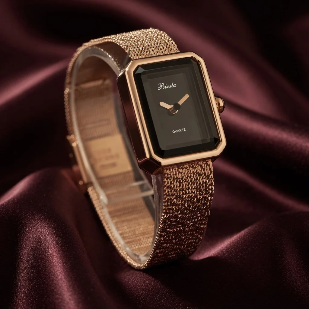 Binda Retro Rectangular Women's Quartz Watch Rose Gold Milanese Mesh Band Black Dial Elegant Fashion Watch