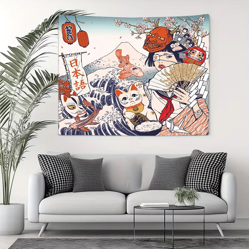 1PC Digital Printed Tapestry Wall Hanging, Japanese Ukiyo-e Lucky Cat Fox Mask, Traditional Japan Culture Wall Decor