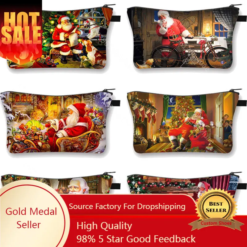 

Christmas Series Makeup Women's Cosmetics Bag Santa Claus Organizer Cute Cartoon Purse Handbags Polyester Cotton Eco Storage Bag