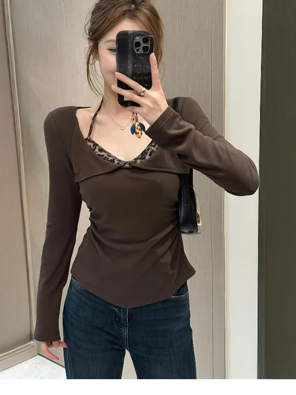 plus Size Women's Neck Hanging Leopard Print Illusion Two-Piece Knitwear Slimming Waist Cinched Inner Shirt Casual Style
