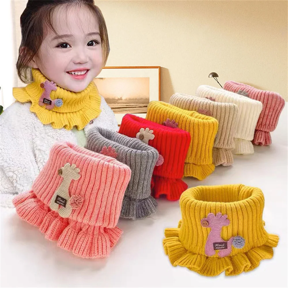 6 Colors Warmer Baby Knitted Scarf Cartoon Giraffe Ruffle Neck Girls Kids Warm Scarves Collar Circle Outdoor Winter Scarfs