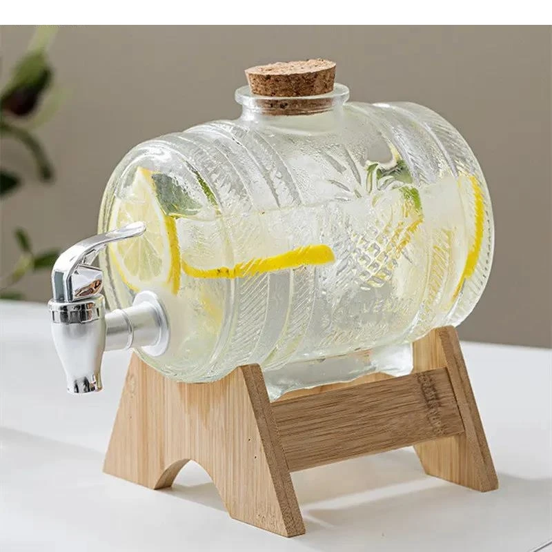 

1L Home Glass Cold Water Bottle with Faucet Chinese Transparent Bar Birthday Party Juice Drink Bucket