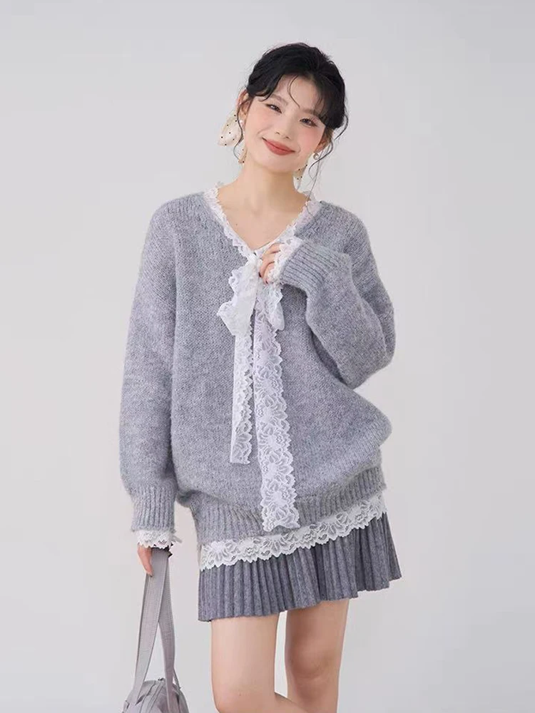 

Кружевной лоскутный женский вязаный свитер, осенний милый пуловер в стиле Лолиты с бантом на шнуровке Y2K, корейский шикарный универсальный женский джемпер в ленивом стиле