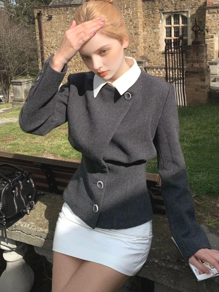 Retro Design Tunic Jackets Fake 2 Piece Polo Collar Patchwork Slim Fit Short Jacket Coats Asymmetry European Fashion Office Lady