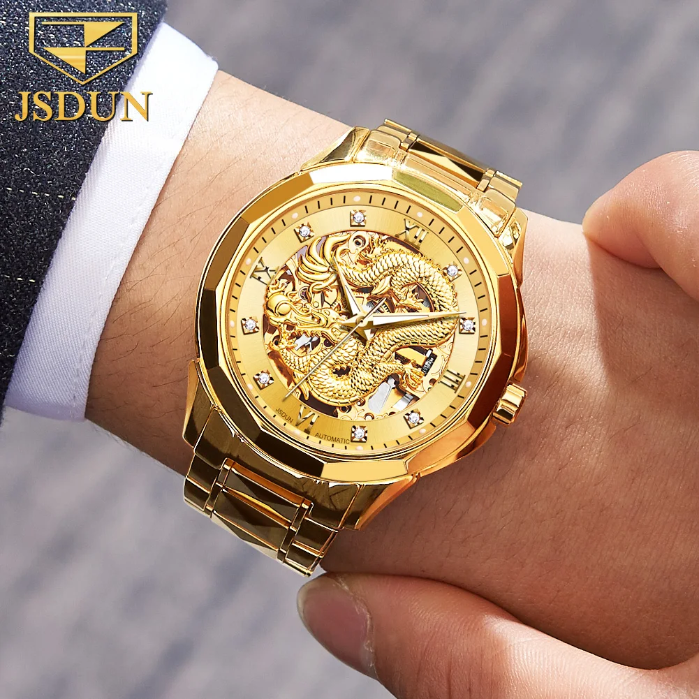 JSDUN Gold Dragon Automatic Mechanical Watch for Men Tungsten steel 18K Gold Strap Luminous Waterproof Luxury Wristwatch Men