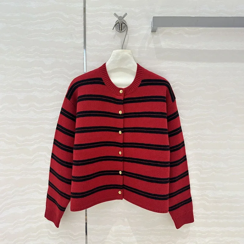 2024AW Fashion Striped Cashmere Knit Woman's Sweater Red Casual Pullover Luxury Brand MIU* Y2k Vintage Women's Clothing