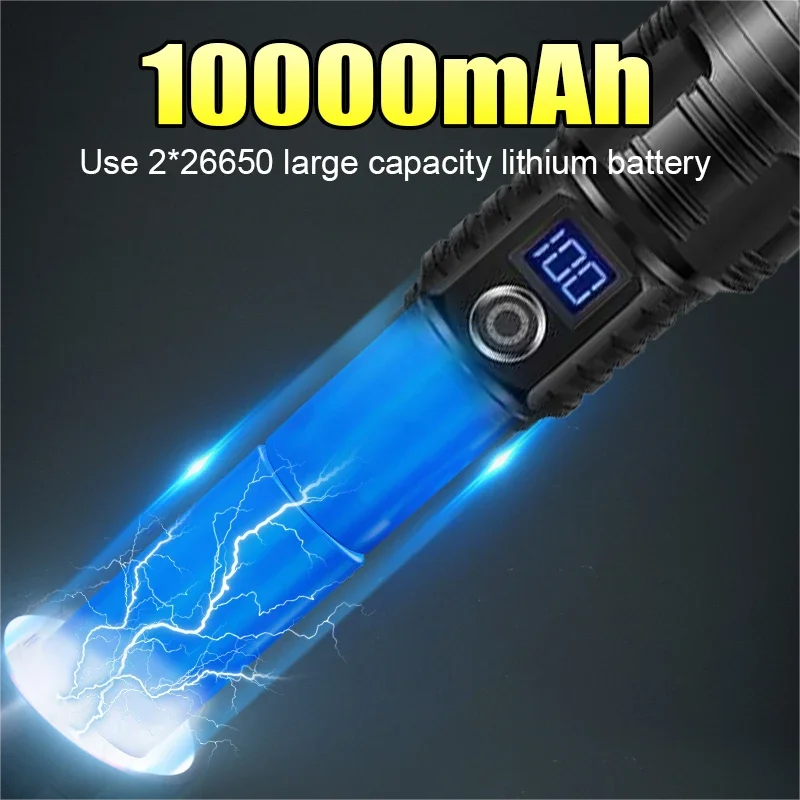 Мощный 10000mAh аккумуляторный фонарь Сильный свет Тактический факель Зум Длинный выстрел 5км Проектор 5 режима Кемпинг светодиодный фонарь