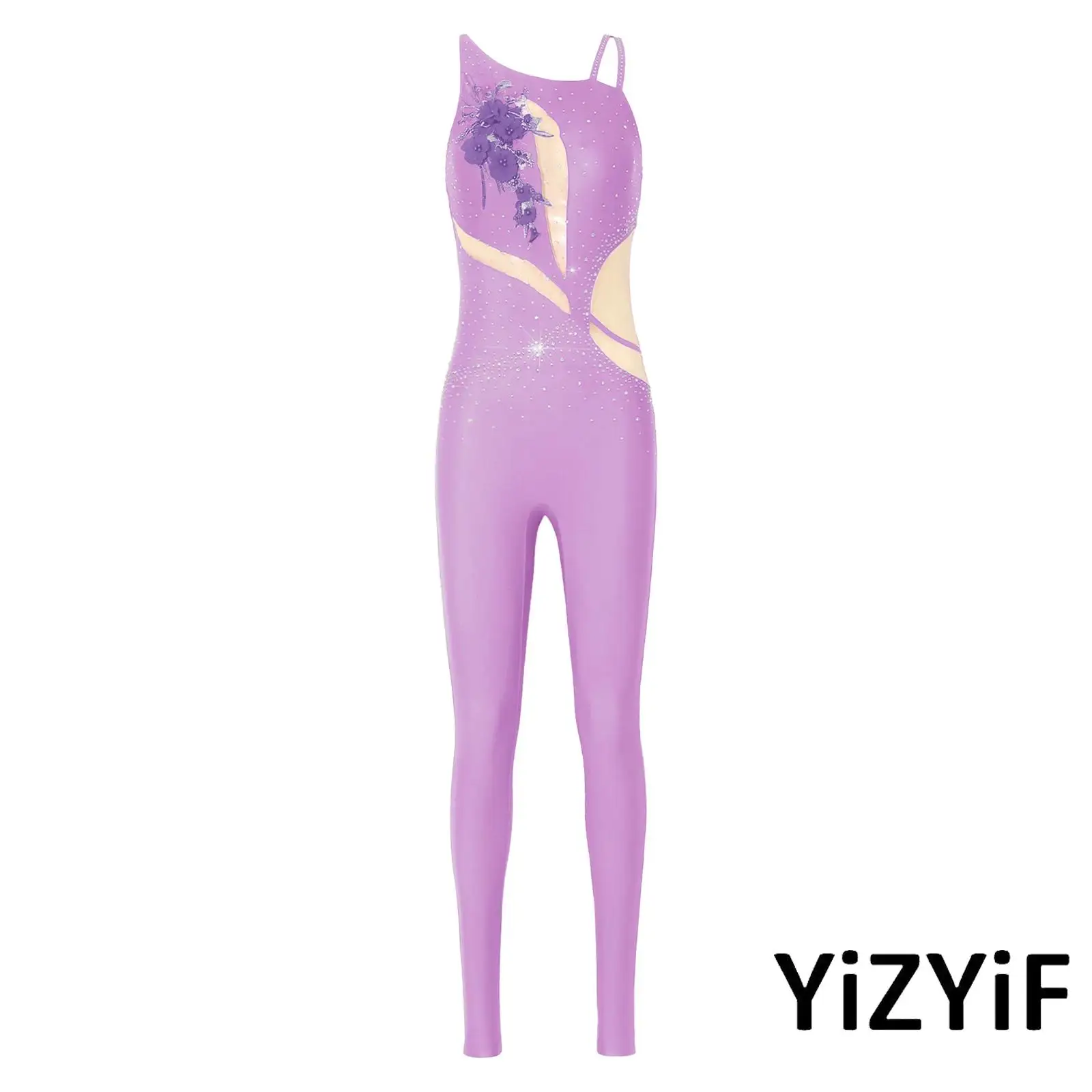 

Womens Ballet Dance Unitard Bodysuit Embroidery Applique Rhinestones Asymmetrical Legging Gymnastics Jumpsuit Lyrical Dancewear