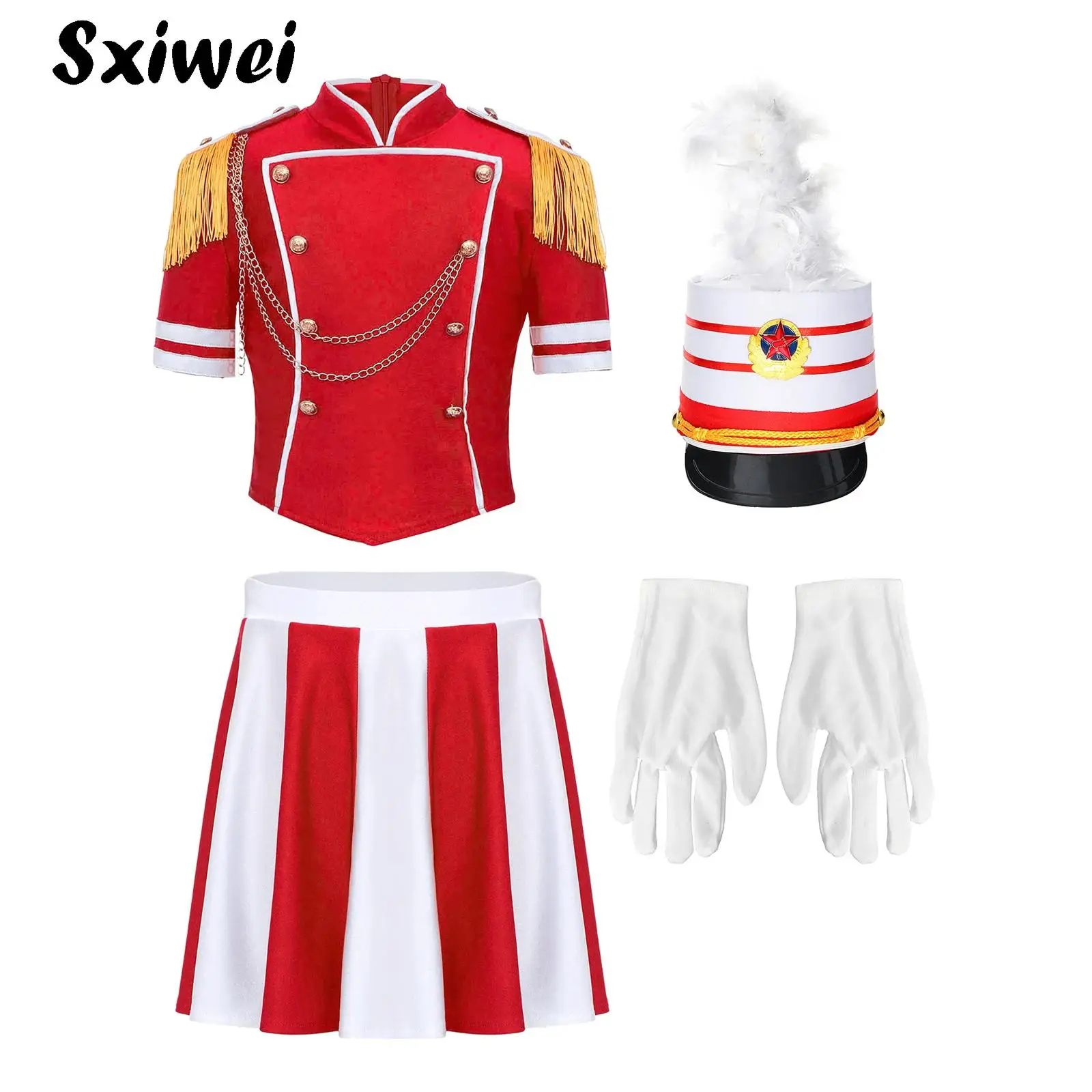 Girls Drummer Majorette Team Outfit Nutcrackers Costume Marching Band Uniform Tassel Jacket Top with Skirt Ceremonial Hat Gloves