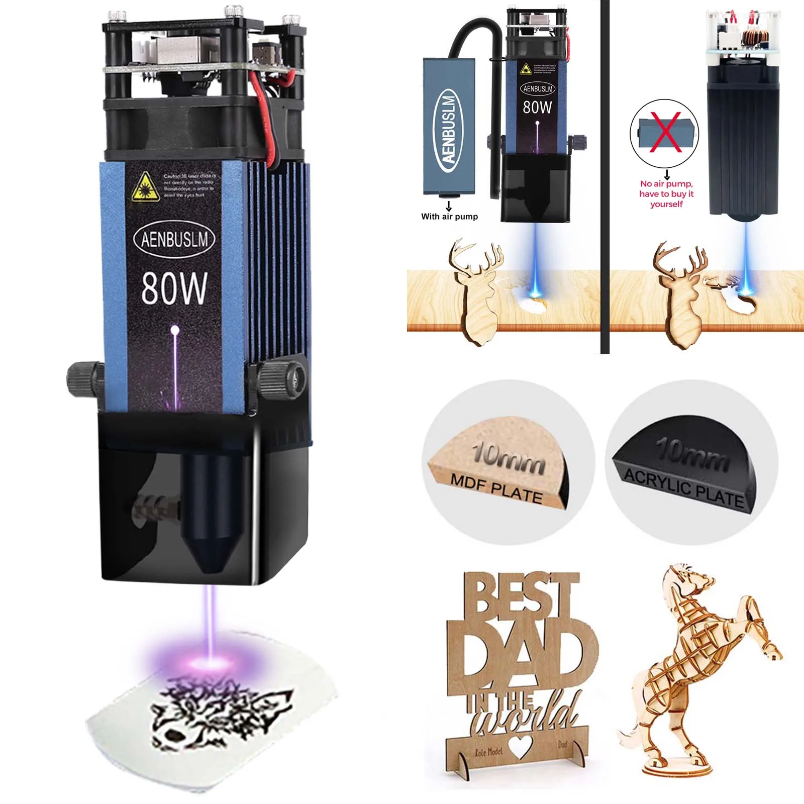 AENBUSLM Cabezal de grabado láser CNC, 40W, 80W, asistencia de aire para módulo láser, 450nm, luz azul, máquina de corte CNC, herramientas de carpintería DIY