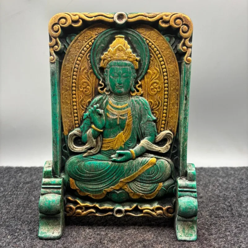 Tibetan Seated Buddha Table Screen Statue Imitation Turquoise Finish Gilded Relief‑Carved Home Altar Decor Collectible Ornament