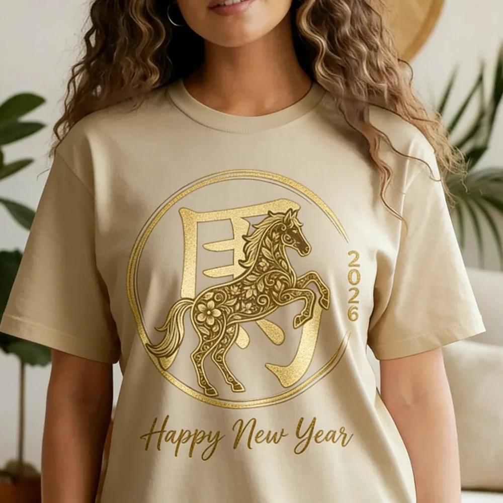 2026년 말년 티셔츠 중국 설날 셔츠 음력 말자리 꽃무늬 프린트 티셔츠 새해 복 많이 받으세요 여성 남성 패션 탑
