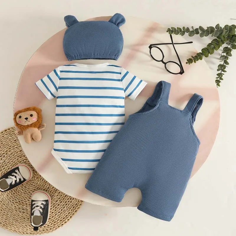0-18 Months Baby Boy Clothes Sets Outfits Short Sleeve Bodysuit+Cartoon Animal Suspender Trousers+Hat 3-Piece Newborn Clothing