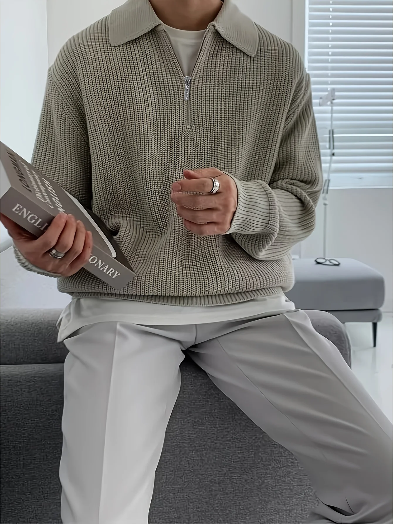 Men Half Zip Polo Collar Knit Sweater Long Sleeve Waffle Texture Pullover Loose Casual Autumn Winter Knitted Tops